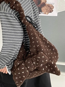 Brown fuzzy hobo bag with white polka dots and 3D bow detail in large capacity