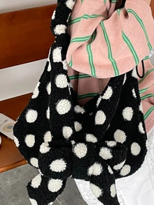 Winter plush tote bag with black and white polka dots and 3D bowknot drawstring strap