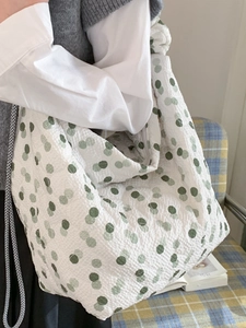 Chic Korean style white tote bag with green polka dots and textured pleated fabric