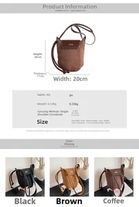 Size chart showing 20x20x11cm dimensions and PU material for the bucket shoulder bag