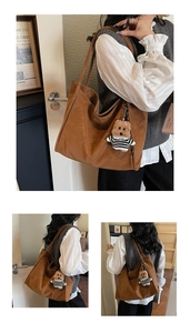 Brown faux suede tote bag with cute teddy bear charm shown in multiple angles