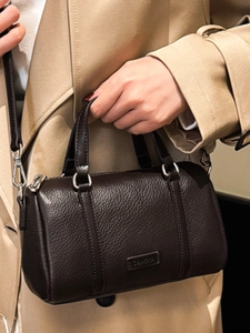 Brown lychee leather Boston handbag with metal logo and sturdy handles for women