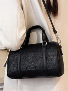 Elegant black lychee grain leather Boston bag with silver hardware for daily commute