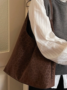 Sac fourre-tout à imprimé léopard rétro en faux daim marron foncé pour femmes