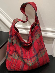 Vintage Large Capacity Plaid Tote Bag For Women Winter Retro Cloth Shoulder Bag Casual Student School Bag Stylish Tartan Handbag