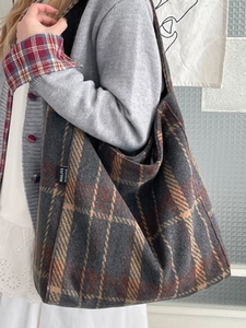 Retro plaid oversized tote bag for women with vintage striped woolen fabric texture