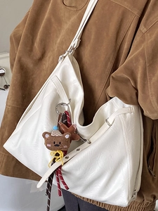 Minimalist beige large capacity tote bag in soft PU leather with cute bear charms