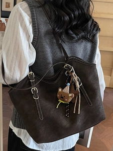 Retro coffee brown large capacity tote bag with contrast stitching and bear charm