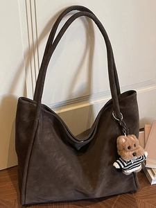Women Retro PU Leather Tote Bag Large Capacity Minimalist Shoulder Handbag With Bear Plush Pendant Korean Style Casual Bag