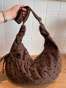 Women Large Capacity Polka Dot Corduroy Shoulder Bag Retro Drawstring Hobo Tote Bag Casual Crossbody Commuting Handbag