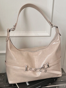 Minimalist beige large capacity shoulder bag in glossy pleated PU leather with silver hardware