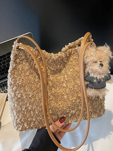 Sac Fourre-Tout en Peluche Décontracté pour Femmes Grande Capacité Fausse Laine d'Agneau Sac à Épaule Avec Pendentif Ours