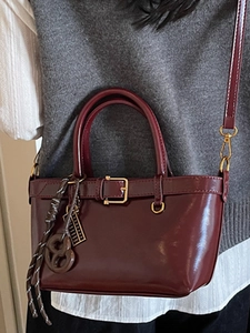 Vintage wine red patent leather handbag with detachable shoulder strap for women