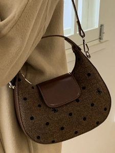 Sac sous le bras rétro en tweed marron à pois avec broderie nœud et détails en cuir