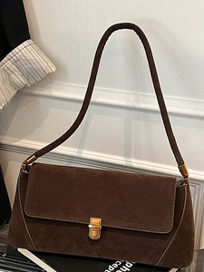 Borsa baguette vintage francese in pelle scamosciata marrone con fibbia dorata