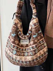 Sac fourre-tout en peluche à fleurs vintage avec bandoulière tissée pour l'hiver