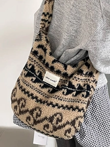 Sac fourre-tout d'hiver en fausse fourrure à motif géométrique rétro