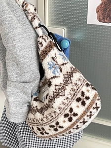 Sac fourre-tout d'hiver en peluche à motif Fair Isle avec bandoulière douce pour femmes