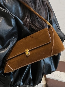 Borsa baguette vintage in pelle scamosciata marrone con chiusura girevole dorata