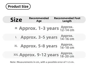 Size guide for children's vintage socks showing age and foot length from M to XXL