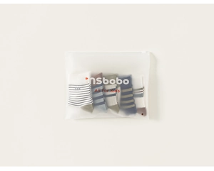 Five pairs of striped cotton socks for kids in a matte zipper bag with a brand logo