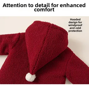 Detail of red lamb wool hooded jacket with white pompom and windproof pointed hood design