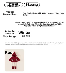 Infographic showing technical details of kids winter set with fabric and care specs