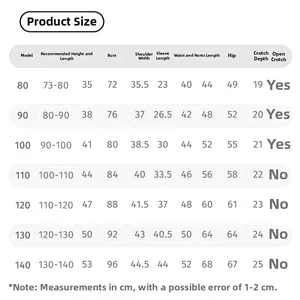 Size chart table for kids hooded outfit set with measurements in centimeters from 80 to 140