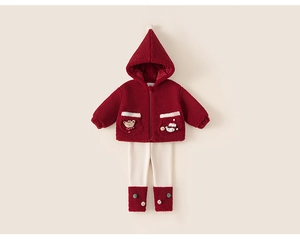 Close-up of red fleece hooded jacket with bear patches and matching holiday leggings