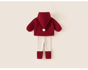 Detail of red fleece hooded jacket with white pom-poms and matching leggings set for infants