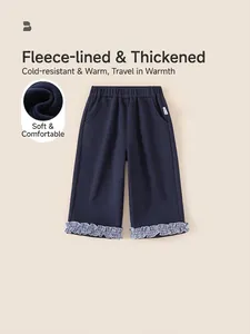 Girls Winter Warm Fleece Lined Pants Children Wide Leg Trousers Navy Blue Plaid Gingham Ruffle Hem Casual Cotton Kids Bottoms