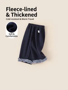 Winter thermal wide-leg pants for girls with blue check ruffle trim and fleece lining