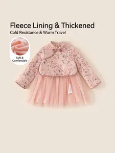 Mädchen Winter Chinesischen Stil Rosa Blumen Kleid Fleece Gefüttert Gesteppt Hanfu Cheongsam Mit Netz-Tutu Rock Für Kinder