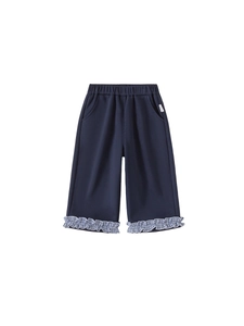 Navy blue kids wide-leg trousers with checkered ruffle hem and elastic waist