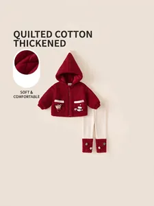 Toddler Girls Winter Warm Quilted Hooded Jacket and Leggings Set Red White Cartoon Bear Snowman Christmas Outfit