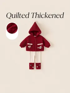 Winter fleece toddler set with quilted hooded jacket and warm pants in red and white