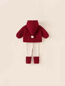 Kids warm winter set featuring a red hooded fleece jacket and white leggings
