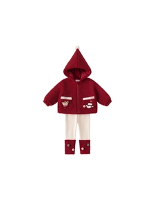 Children's Christmas two-piece set featuring a red fleece hooded jacket and white trousers