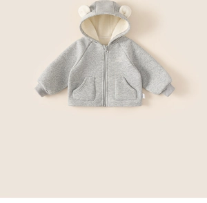 Detail of grey hooded baby jacket with cute 3D bear ears and warm fleece lining