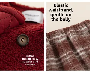 Detail of red fleece coat buttons and elastic brown plaid pants waist for kids