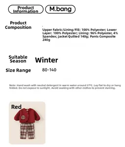 Detail view of winter kids outfit showing red quilted jacket and brown plaid pants materials