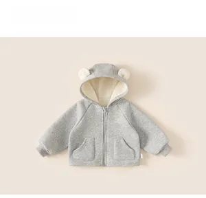Detail of gray hooded baby jacket with soft white fleece lining and cute bear ears