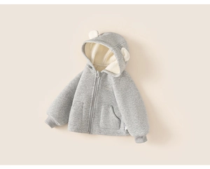 Close-up of children's grey hooded jacket with fuzzy fleece lining and cute bear ears
