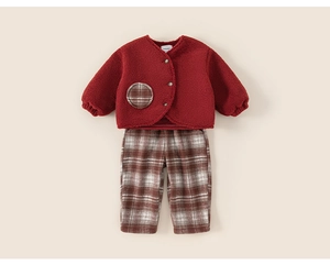 Close-up of red sherpa fleece jacket with buttons and checkered pants for kids
