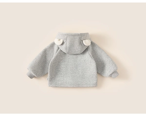 Rear view of grey toddler hoodie featuring cute white pom-pom bear ears and ribbed cuffs