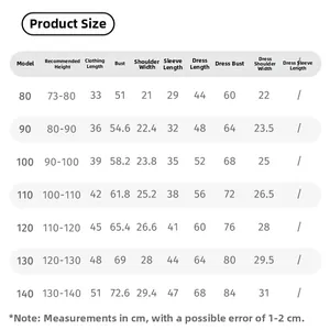 Size guide table for girls two-piece winter sleeveless dress and black shirt set