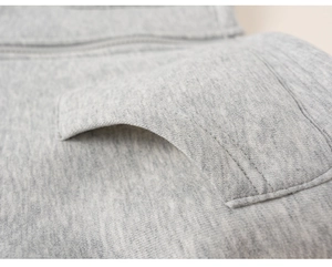 Detailed macro view of gray knitted hoodie pocket with reinforced double-stitch sewing