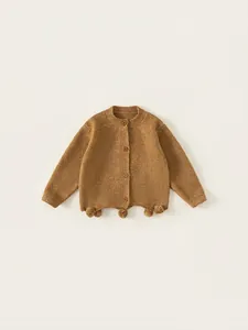 Girls Knit Cardigan Sweater Long Sleeve Button Down Jacket With Pom Pom Hem Mori Style Kids Mustard Yellow Outerwear