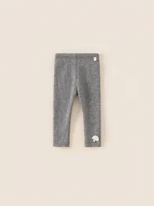 Girls warm grey ribbed knit leggings with plush mushroom patch and wavy cuffs