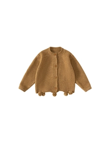 Children's knitted cardigan in camel brown with cozy poms and soft wool texture